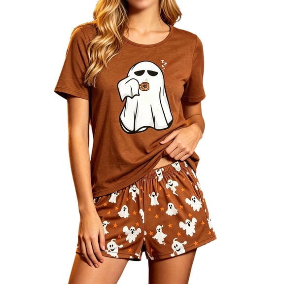 WERYOUNG Halloween Pajamas For Women Set Ghost Prints Short Sleeve Button Down Shirts Shorts Ladies Fall Winter Soft Cozy Sleepwear,Size L