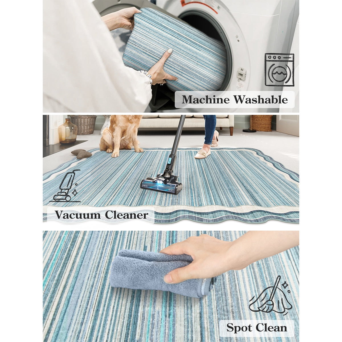 Wonnitar 2.6'x8' Scalloped Striped Hallway Runner Rug, Washable Kitchen Runner Rug, Soft Low Pile Blue Indoor Accent Rug for Entryway, Bathroom, Bedroom, Laundry