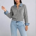 thumbnail image 5 of Women'S Denim Spliced Collar Zip‑Up Knit Cardigan Top Gray One size, 5 of 7