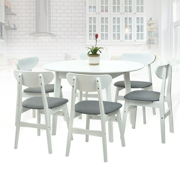 Dining Room Set Of 6 Yumiko Chairs And Round Extendable Kitchen Modern Table Solid Wood W Padded Seat White Color With Light Gray Cushion Com Dining Room Set Of 6 Yumiko Chairs And, White Extendable Round Dining Room Table