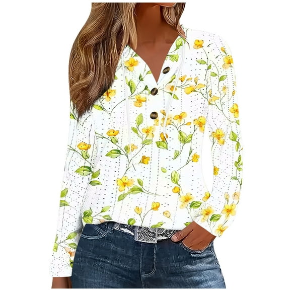Hoodies for Women Floral Blouse Autumn Outfit Casual Long Sleeve Hooded Thin Sweatshits with Half Button Neck L