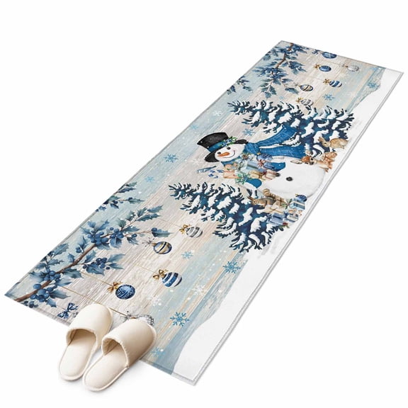 Blue Christmas 2'x6' Runner Rug, Snowman Xmas Tree Balls Snowflake Vintage Washable Non-Slip Area Rugs for Hallway Kitchen Floor Bedroom Entryway, Laundry Carpet Decoration Indoor Mat