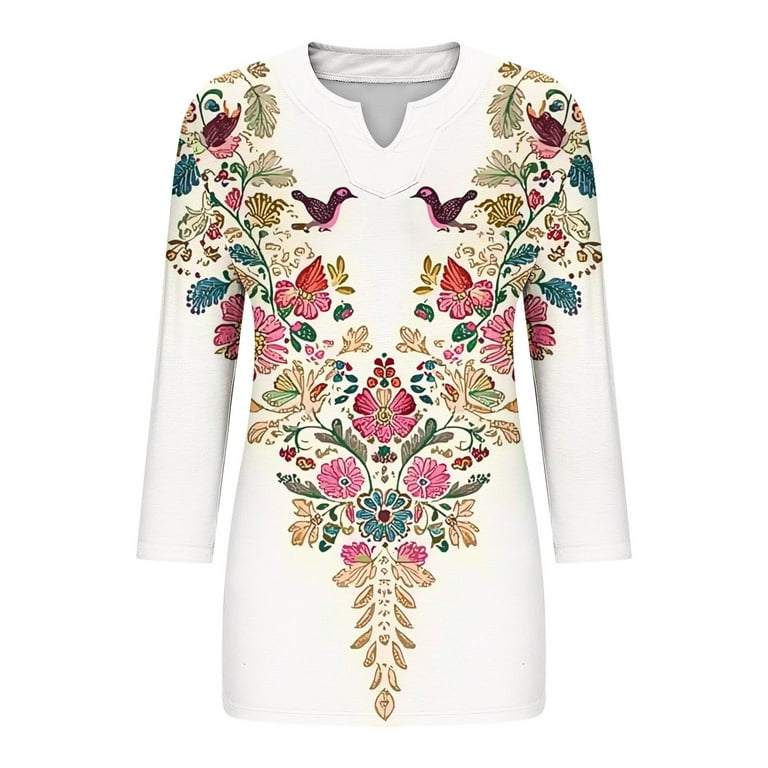 Rciityk White Plus Size 3/4 Sleeve Tops for Women Fall Fashion V Neck  Pullover Tunic Tops Casual Floral Print Basic Shirts Loose Fits Blouses -  Walmart.com