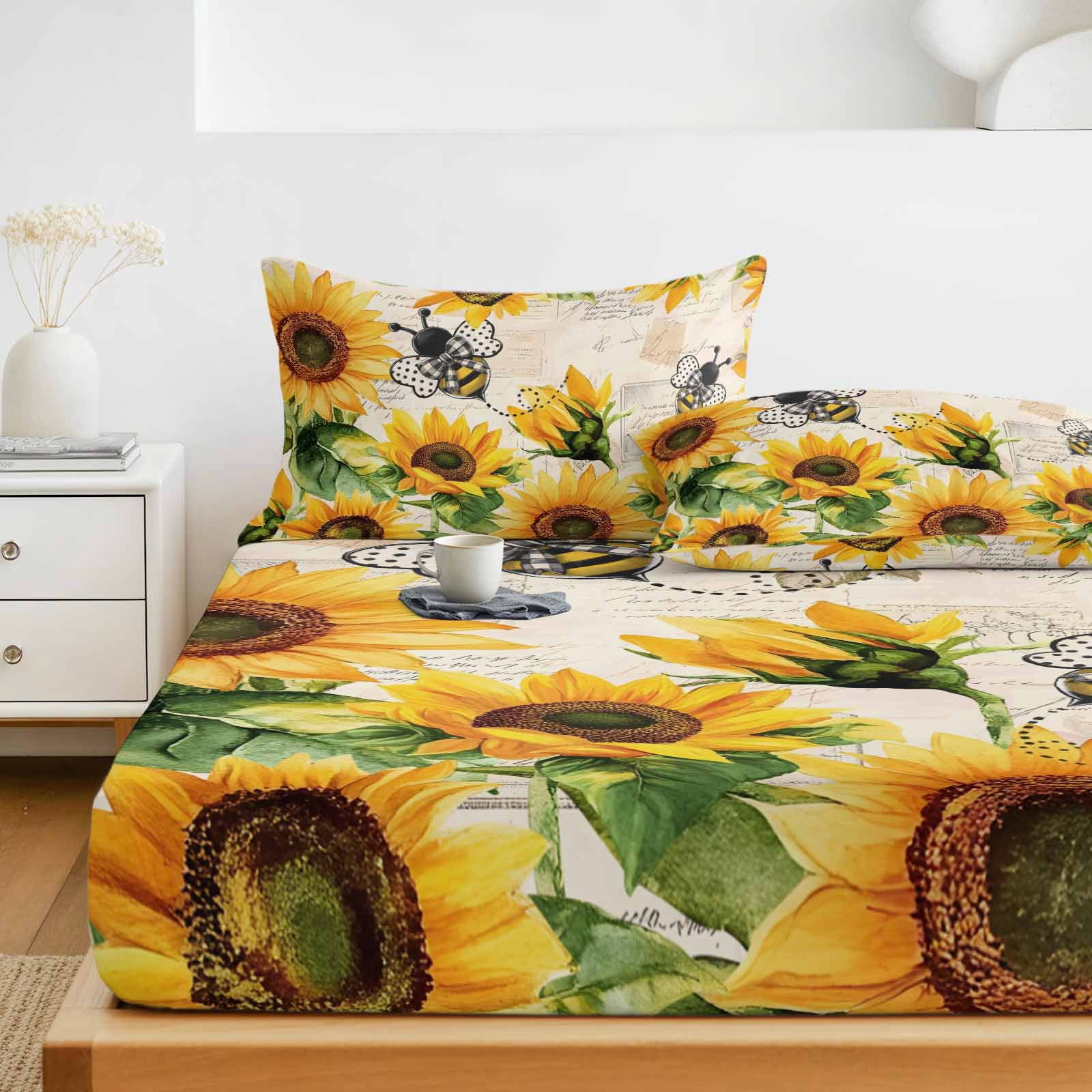 Twin Sze Fitted Sheet Set - Sunflower Farmhouse 2 Piece Bedding Sets 16" Deep Pocket Fitted Sheet with 1 Pillowcase, Spring Summer Vintage Floral Bee Brushed Microfiber Hotel Luxury Bed Sheets