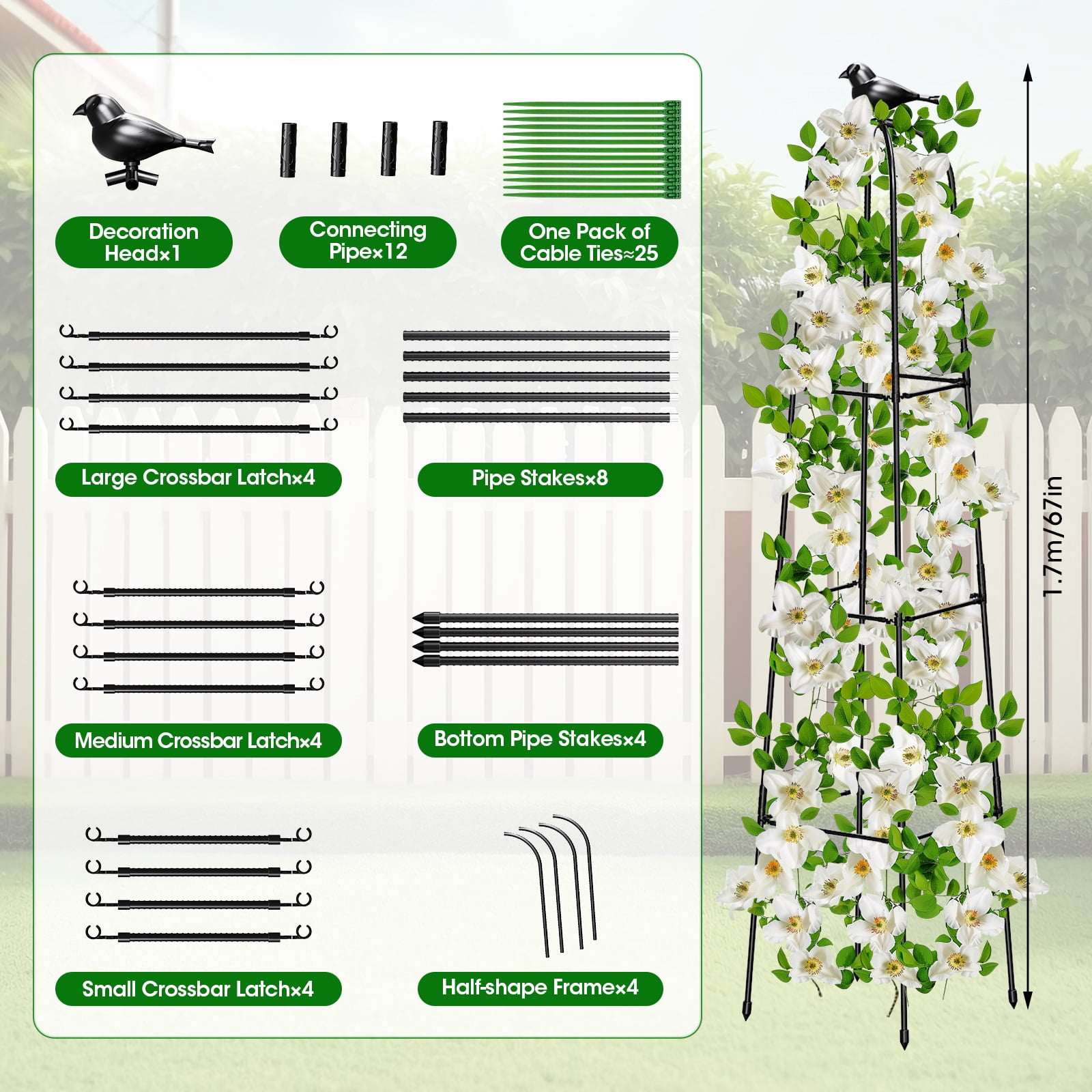 MQHUAYU 67 Inch Adjustable Garden Obelisk Trellis for Climbing Plants , Rustproof Metal Plant Support Frame, Outdoor Indoor Climbing Vine Cucumber Tomato Growing Stand