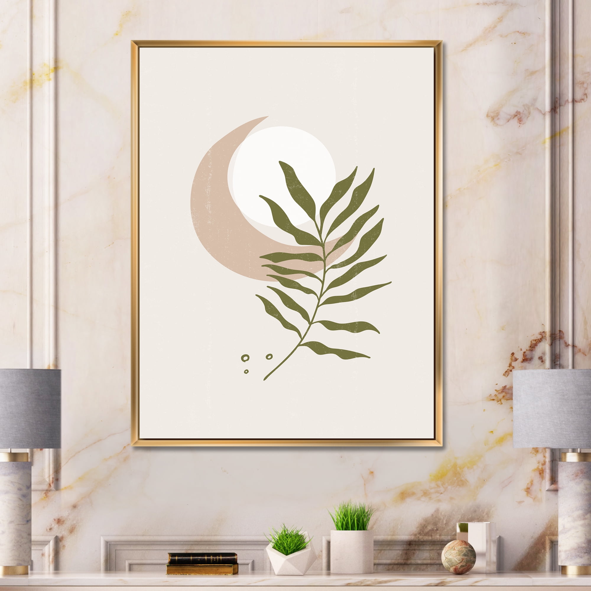 Designart 'Abstract Geometrical Leaf With Moon II' Modern Framed Canvas Wall Art Print