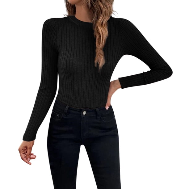 Gibobby Suéter casual mujer, uéteres de manga larga para mujer, ligeros, de punto con cuello redondo(Negro,CH)