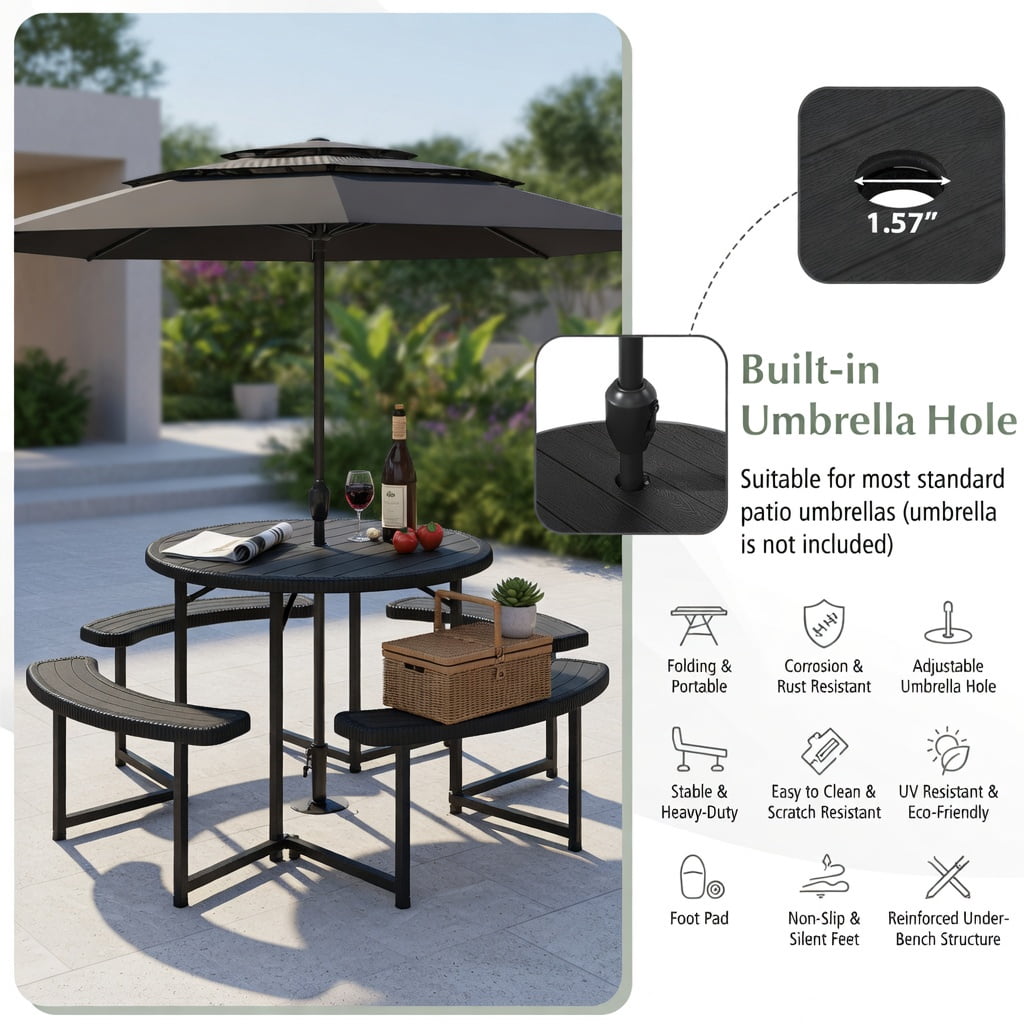 Hommoo Round Outdoor Picnic Table Set with 4 Benches & Umbrella Hole, Heavy-Duty Metal Frame, Weatherproof HDPE Top, Black