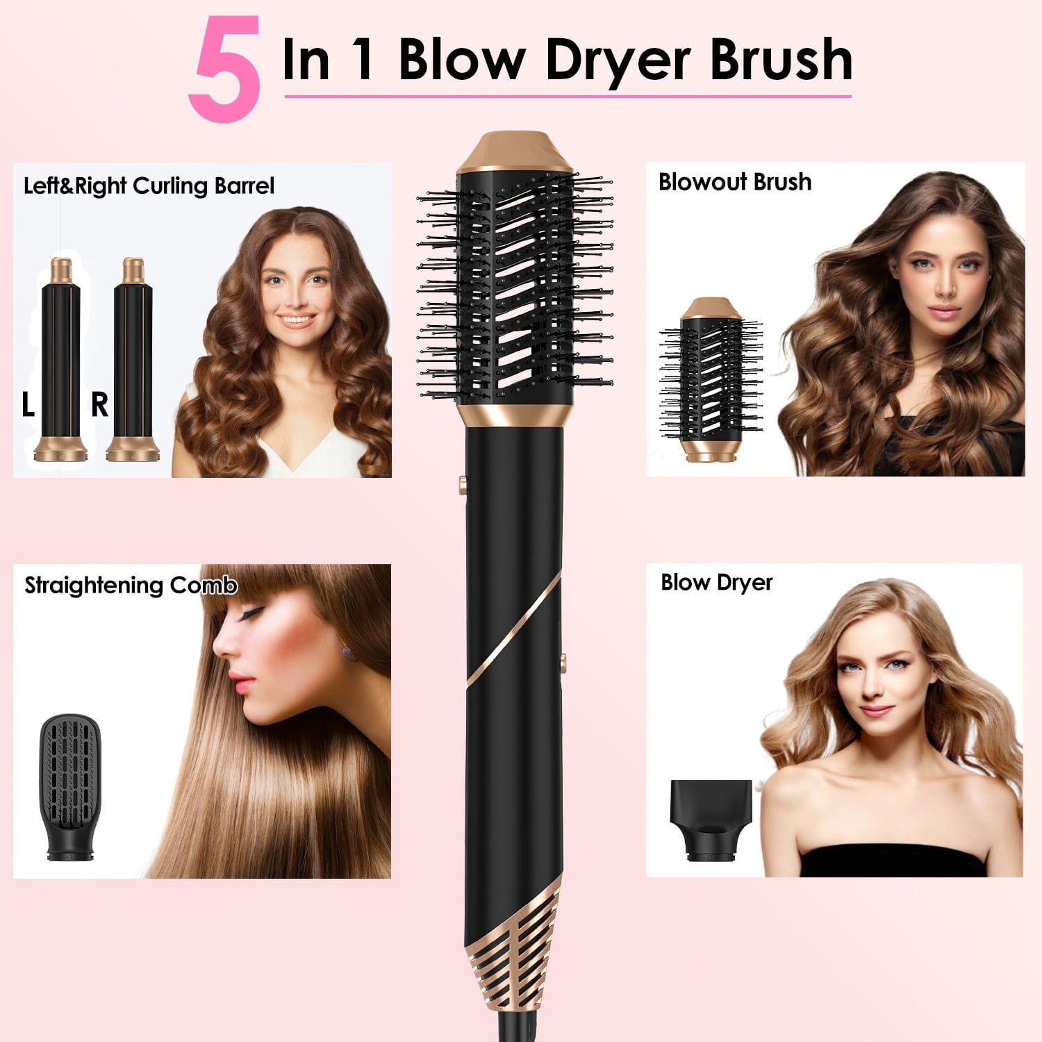 Moclever 5 in 1 Hot Air Styler Straightener Curler Dryer Automatic Wrap Styler Hair Dryer Brush Set, Black
