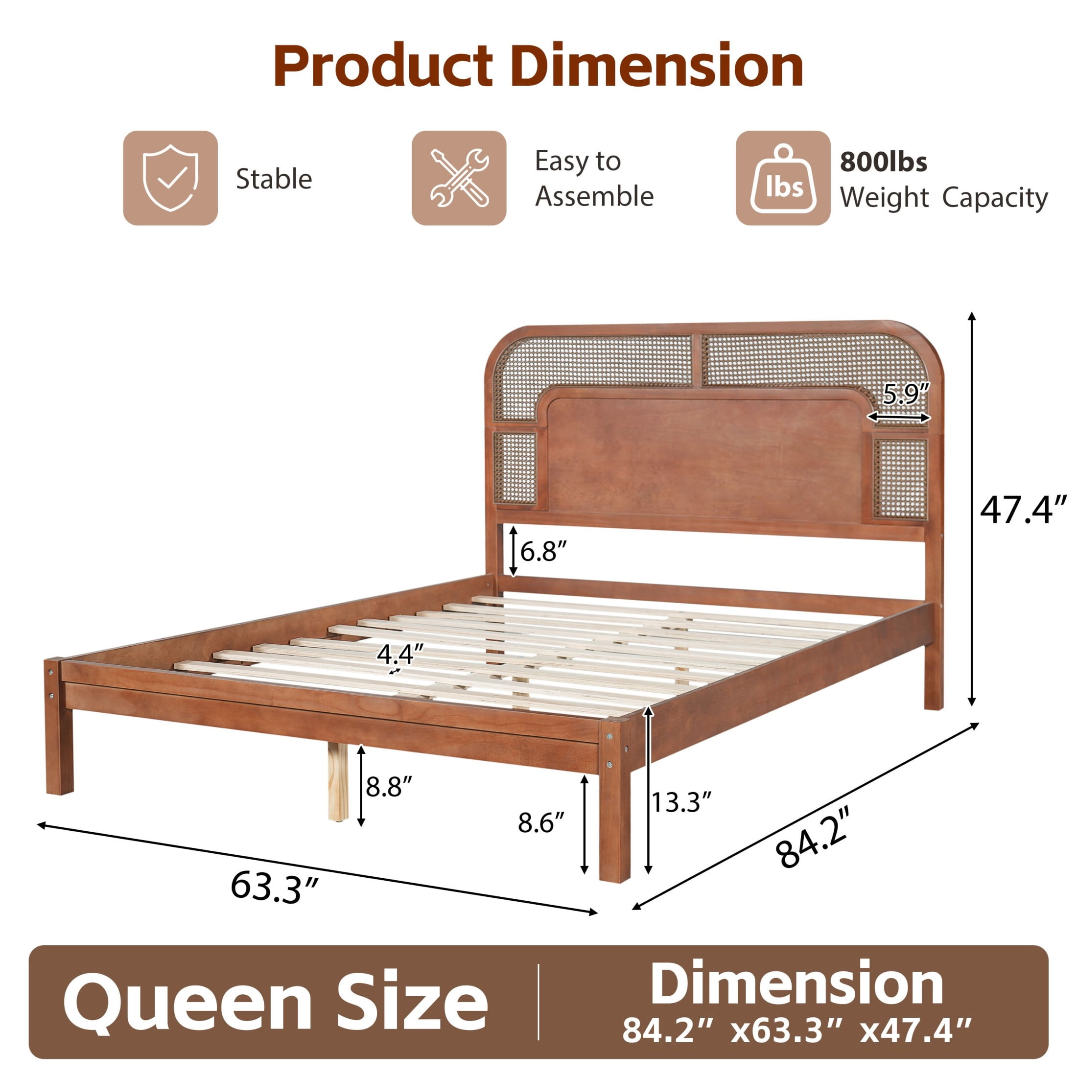 Christopher Knight Home Bohemian Queen Platform Bed with Rattan Headboard, Solid Wood Frame, Walnut