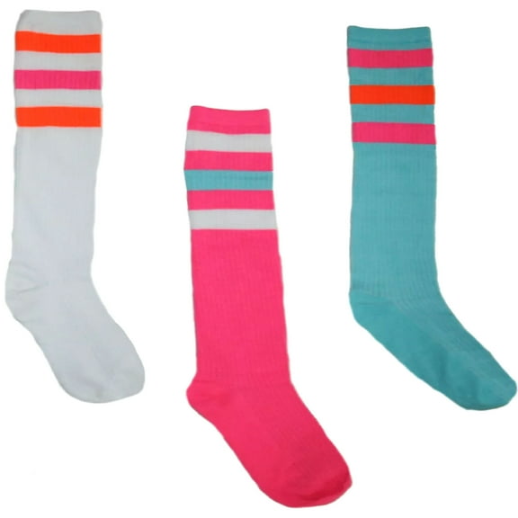 Old School Tube Socks 3 Pack, White, Pink and Blue with Coordinating Striped (9-11)
