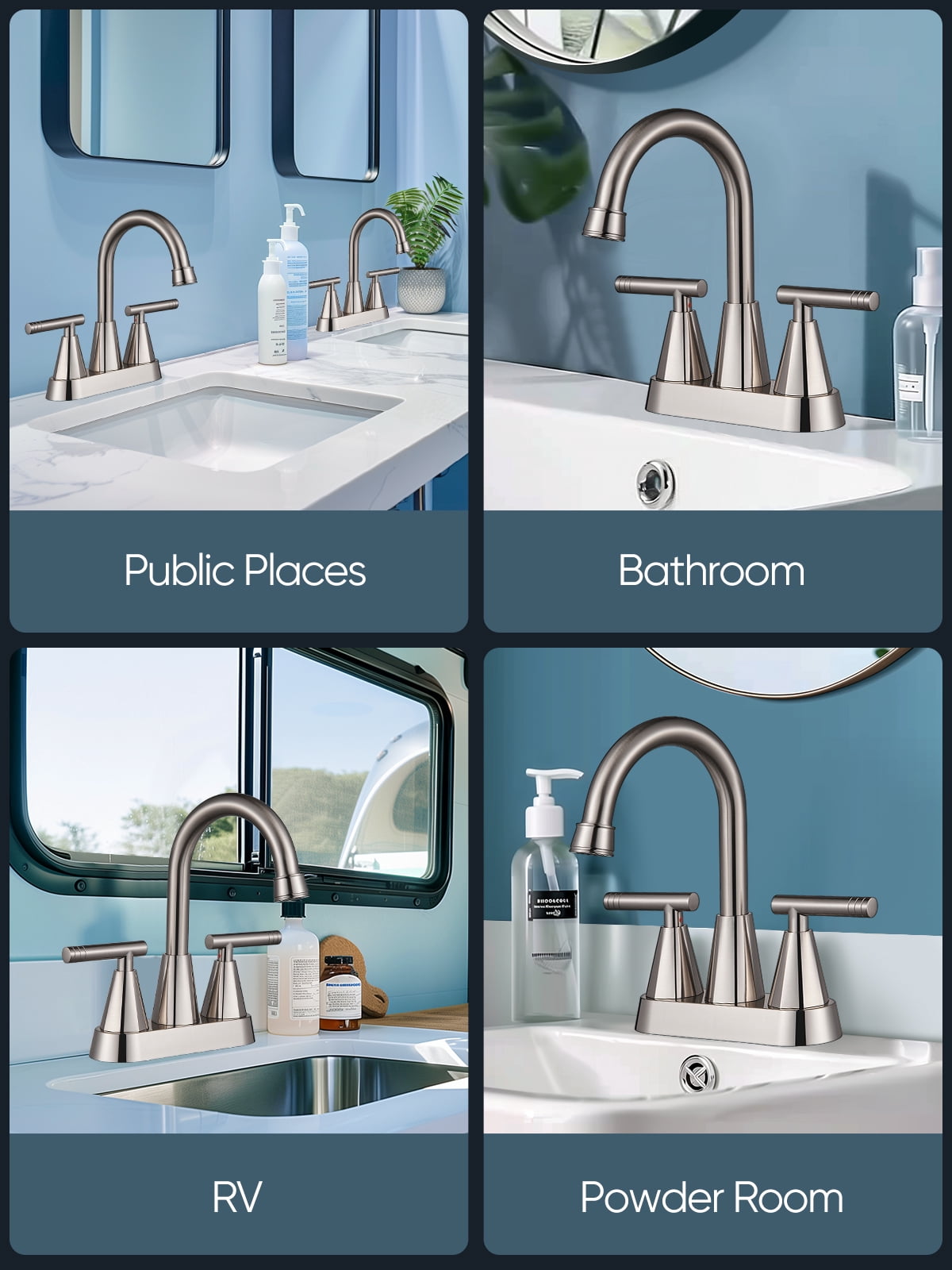 4-inch Bathroom Faucet with Pop up Drain and Two Supply Hoses, Lead-Free Stainless Steel 2-Handle Centerset Faucet for Vanity, RV Brushed Nickel