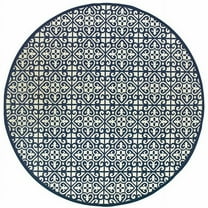 8' x 8' Ivory and Blue Round Geometric Stain Resistant Indoor Outdoor Area Rug