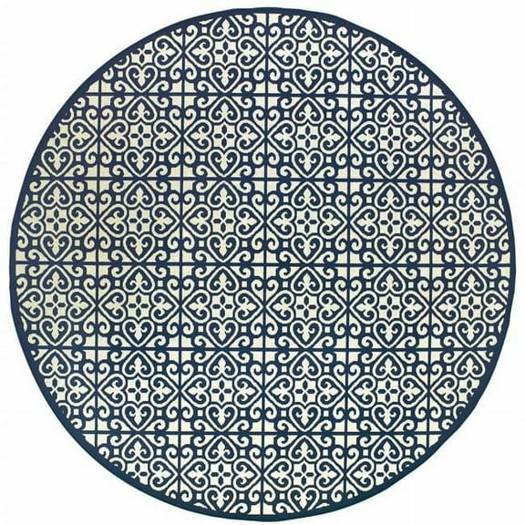 8' x 8' Ivory and Blue Round Geometric Stain Resistant Indoor Outdoor Area Rug