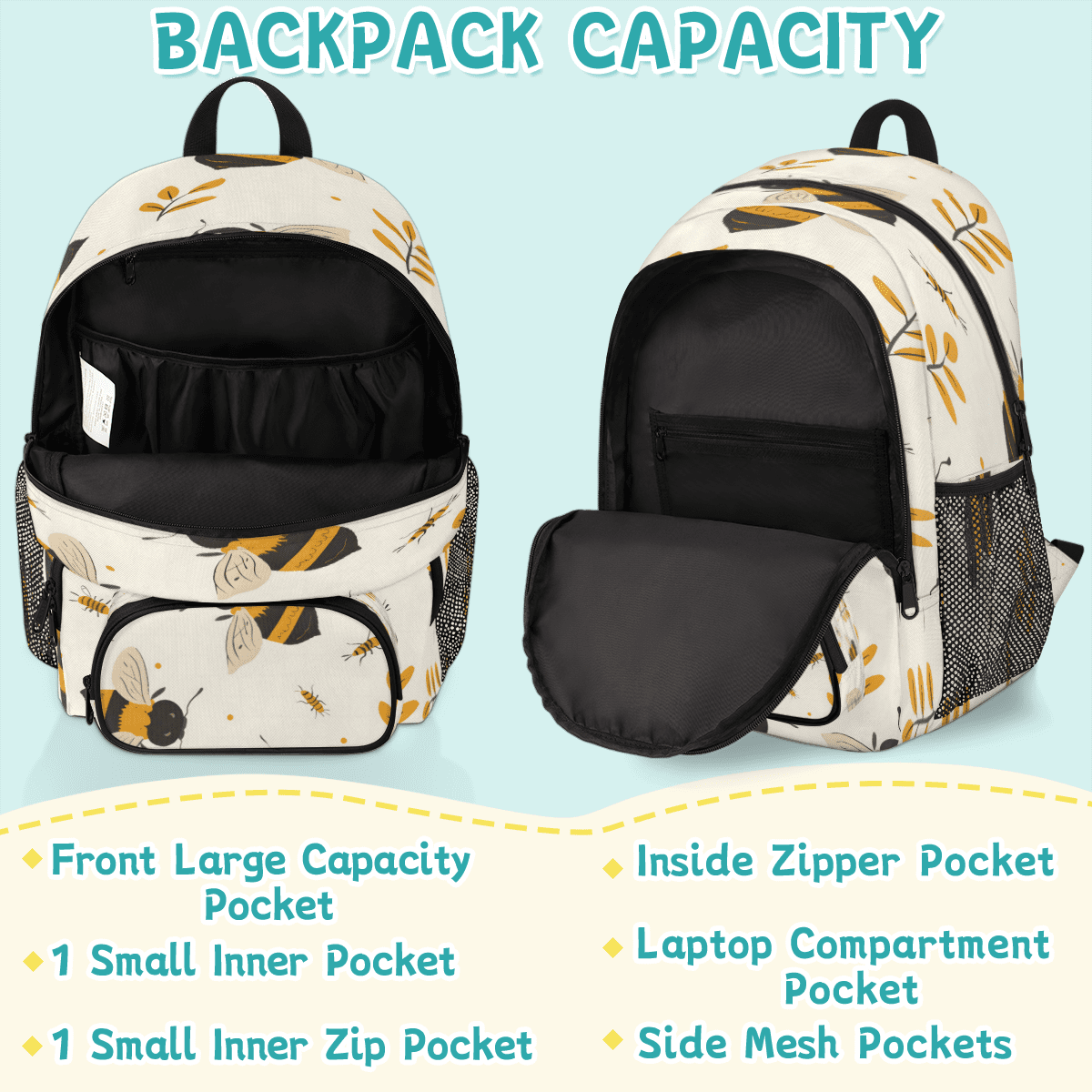 Herdesigns Honey Bee Laptop Backpack for Women Men, 18.3 Inch Large Computer Backpacks Fashion Teacher Nurse Bag Casual Daypack for Work Travel