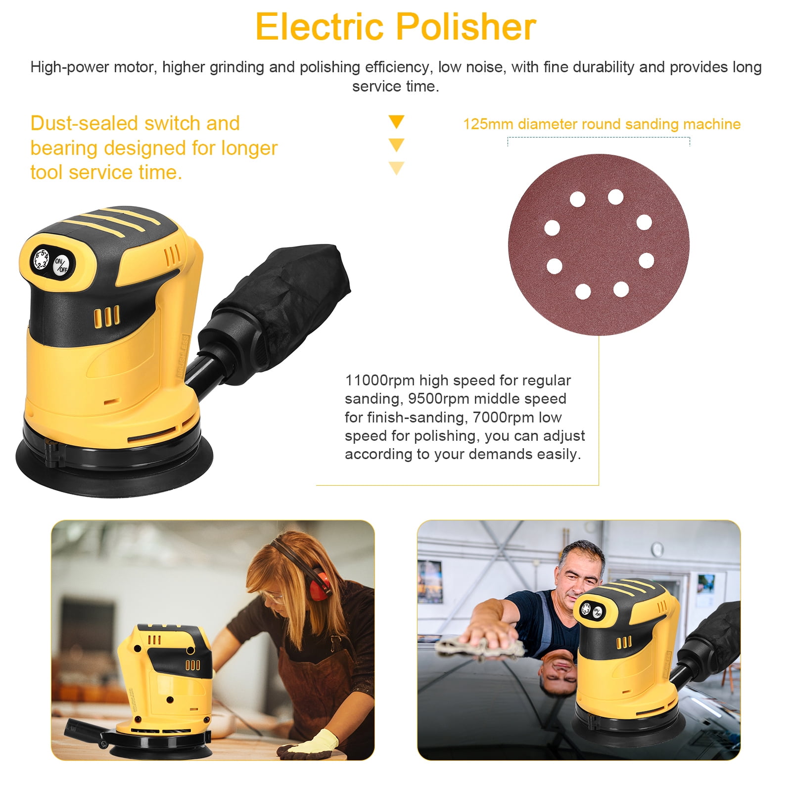 Orbital Sander,6 Wood Polisher Wood Orbital Sander 125mm Motor Orbital Wood Tool Wood Metal Car Polisher Orbital Wood Tool Car Speed Adjustable Orbital Tool 6 125mm Sander Wood Speed