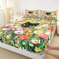 thumbnail image 3 of Manfei Cartoon Black Cat Fitted Sheet Full, Wildflower Butterfly Bed Set, Green Pink, 3-Piece, 1 Fitted Sheet and 2 Pillowcases, 3 of 6