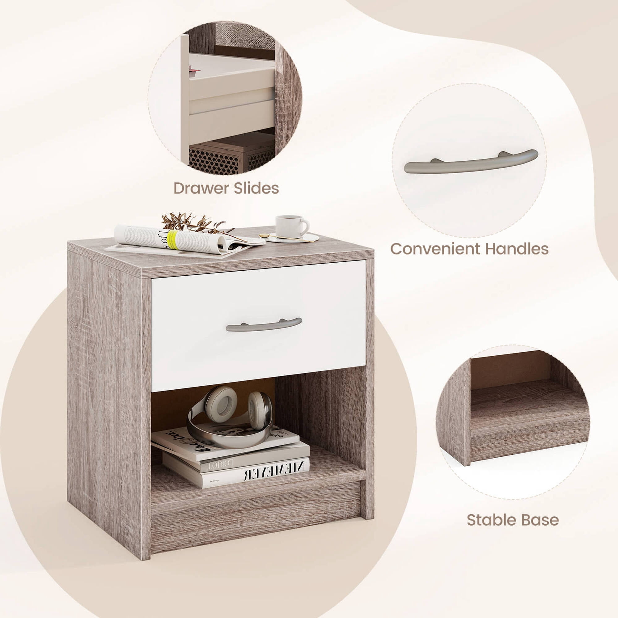 Costway Modern Nightstand Bedside Table with Drawer Open Storage Shelf for Small Spaces Light Gray