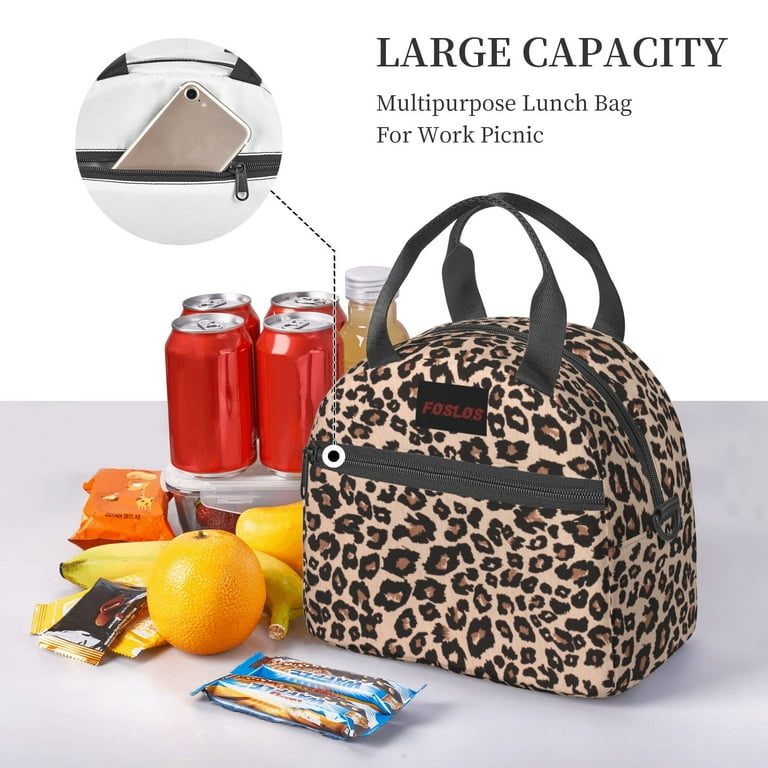 Foslos Leopard Print Insulated Lunch Bag Large Lunch Box for Women and Men  with Adjustable Shoulder Strap, Portable Tote Bag Reusable Picnic Pack 