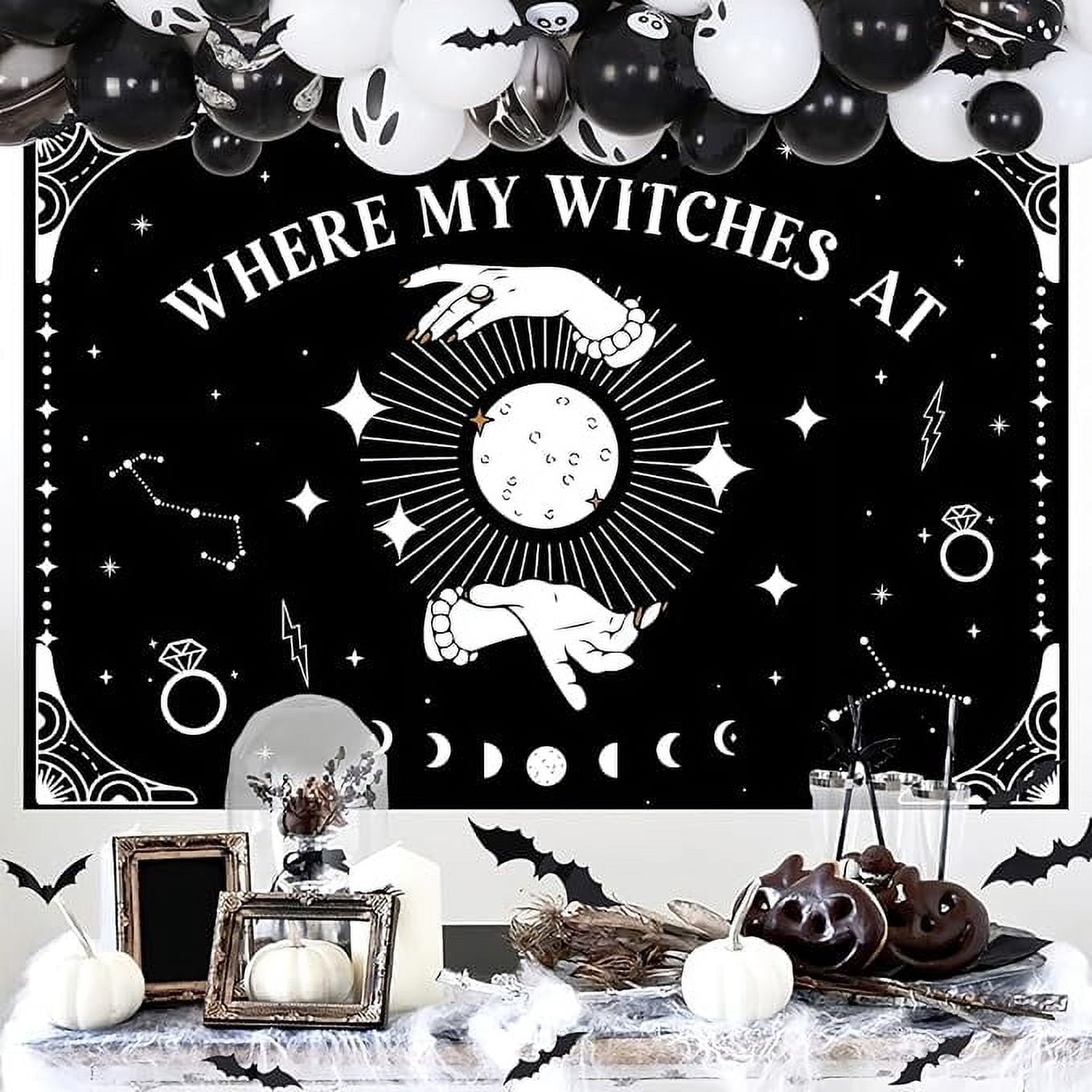 Halloween Where My Witches at Bachelorette Party Decorations Witches Backdrop Balck Balloon Garland Arch Kit 3D Bat Wall Stickers for Halloween Bachelorette Bridal Shower Party Decor Favors