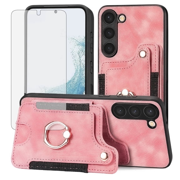 Phone Case for Samsung Galaxy S23 5G Wallet Cell Cover with Tempered Glass Screen Protector Slim Lanyard Wrist Strap RFID Ring Stand Credit Card Holder Slot S 23 23S GS23 G5 SM-S911U 6.1 inch Pink
