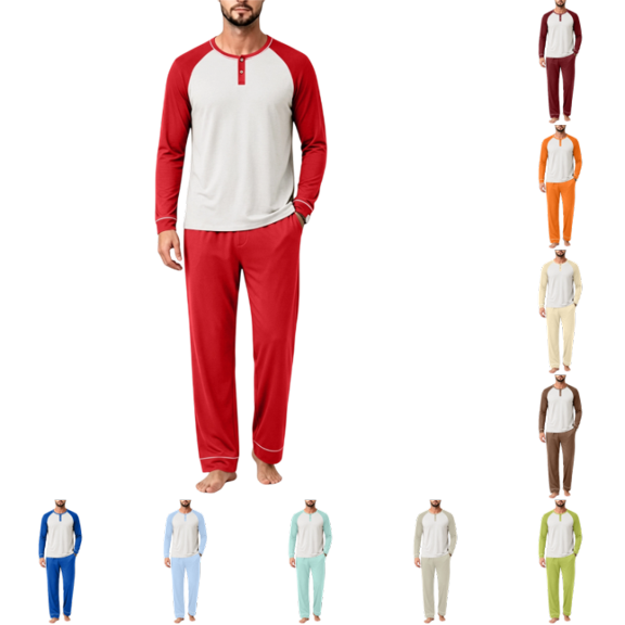 OIOLOYJM Men's Pajama Sets Casual Raglan Long Sleeve Henley Shirts with Bottoms Sets Soft Comfy Lounge Breathable Sleepwear Red XL