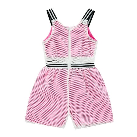 

Suanret Kids Little Girls Summer Suspender Jumpsuit Contrast Color Hollow Fishnet Zipper One-piece Bodysuit Shorts Rose Red 5-6 Years