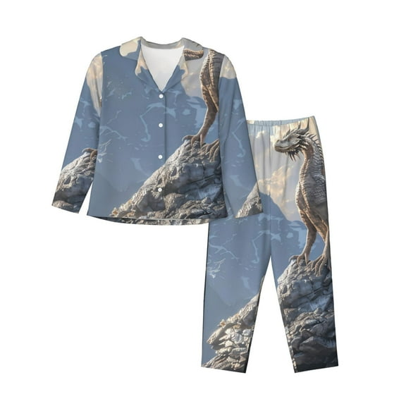 Saiise Silver Dragon Mountain Peaks Print Women Soft Pajama Sets,Long Sleeve Sleepwear Button Up 2-Piece Pjs Lounge Sets-Small