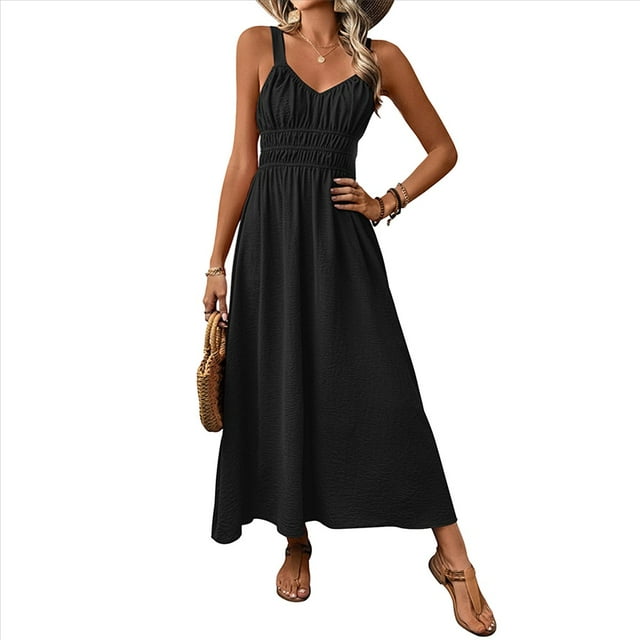 Vestidos Largos Fruncidos para Mujer, Vestido de Verano 2025, Informal, con Tirantes Finos, Corte A, y Fluido, Color Negro, Talla L