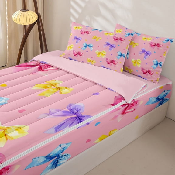 Manfei Watercolor Rainbow Bow Zipper Twin Comforter Sets with Fitted Sheet and 2 Pillowcases, Pink Love Heart Zipper Bedding Set for Girls Women, Pink Reversible, 4-Piece