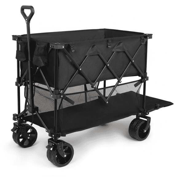 JIOABL 400L Folding Wagon Cart, Double Decker with 440lbs Capacity, 54” Extender & All-Terrain Wheels with Brakes, Black