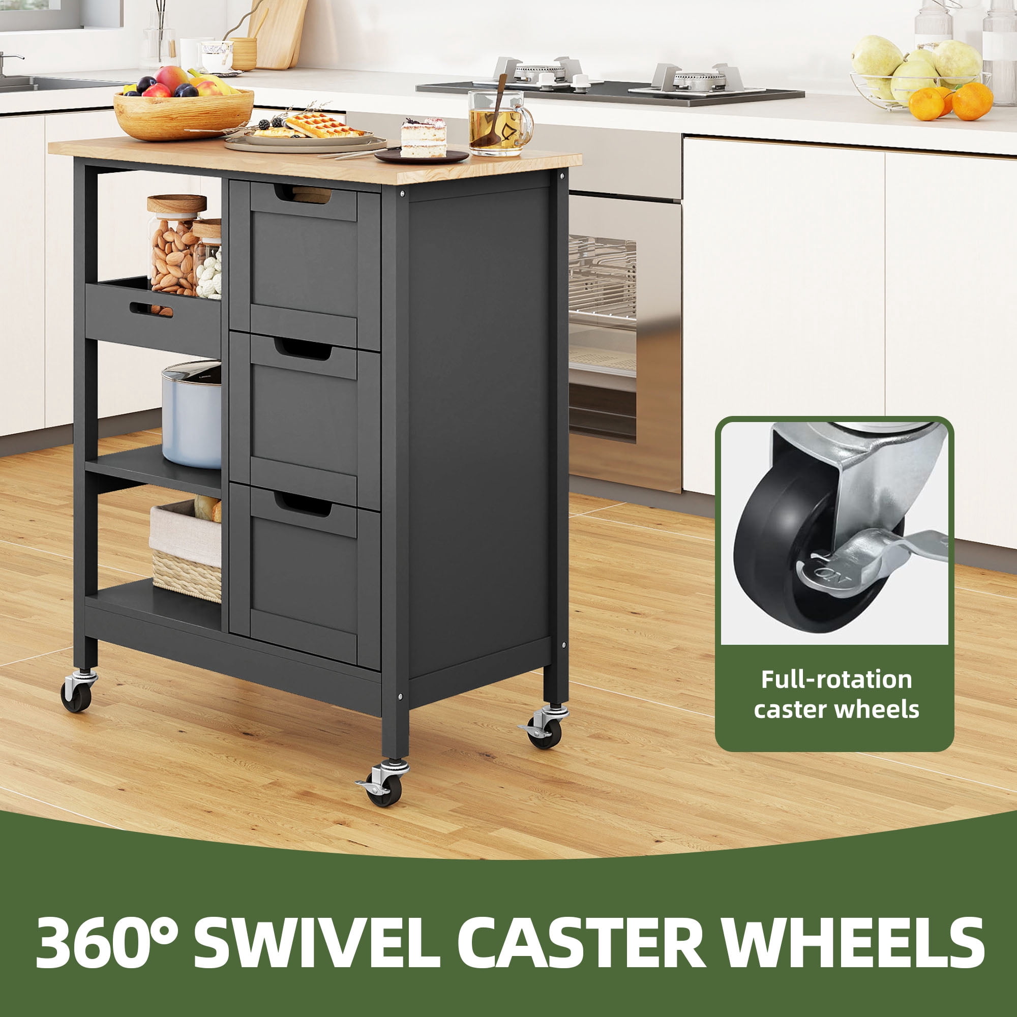 Uforic Kitchen Storage Cart with Drawers & Open Shelves, Rolling Kitchen Island, Gray