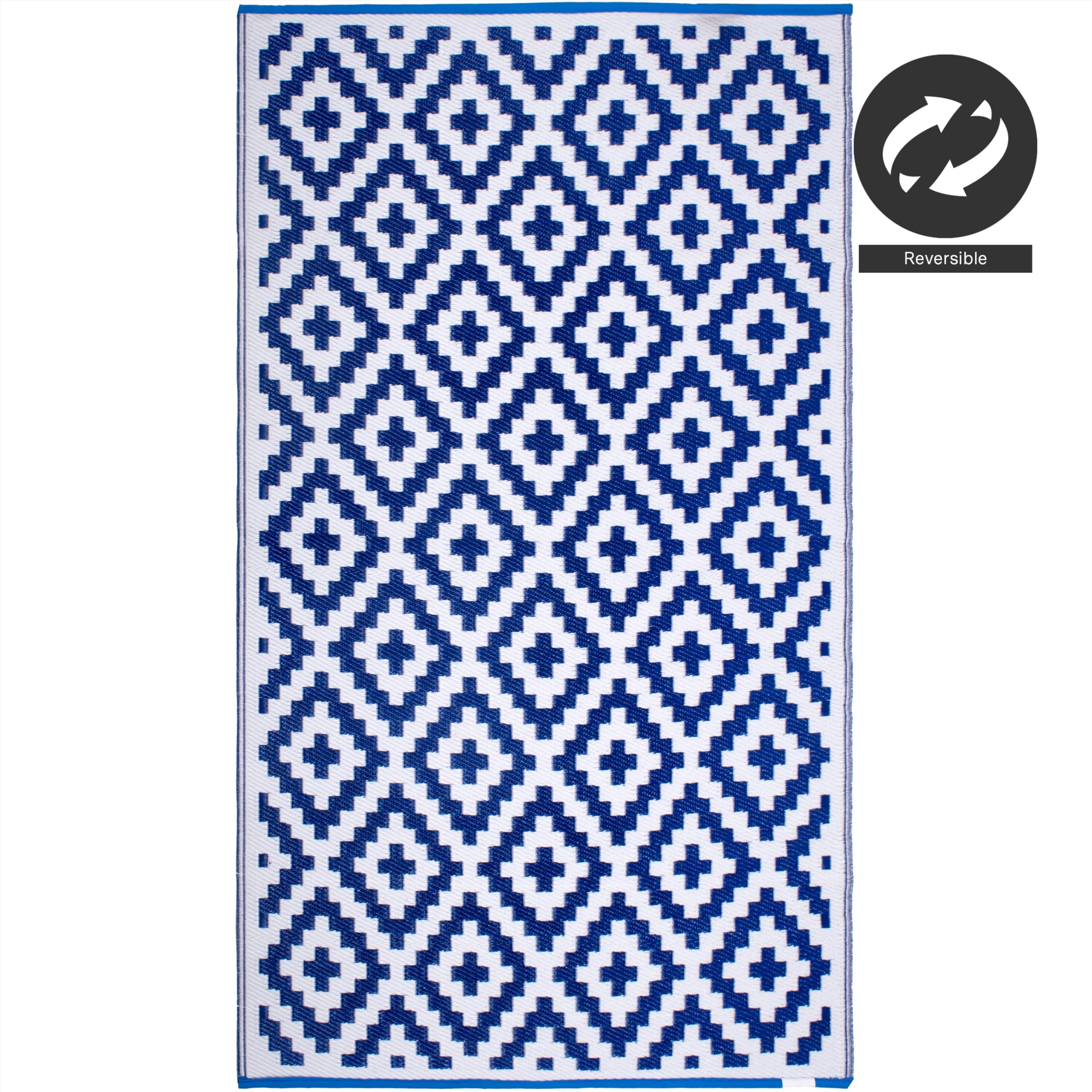 FH Home Outdoor Rug - Waterproof, Fade Resistant, Crease-Free - Premium Recycled Plastic - Geometric - Porch, Deck, Balcony, Mudroom, Laundry Room, Patio - Aztec - Blue & White - 3 x 5 ft