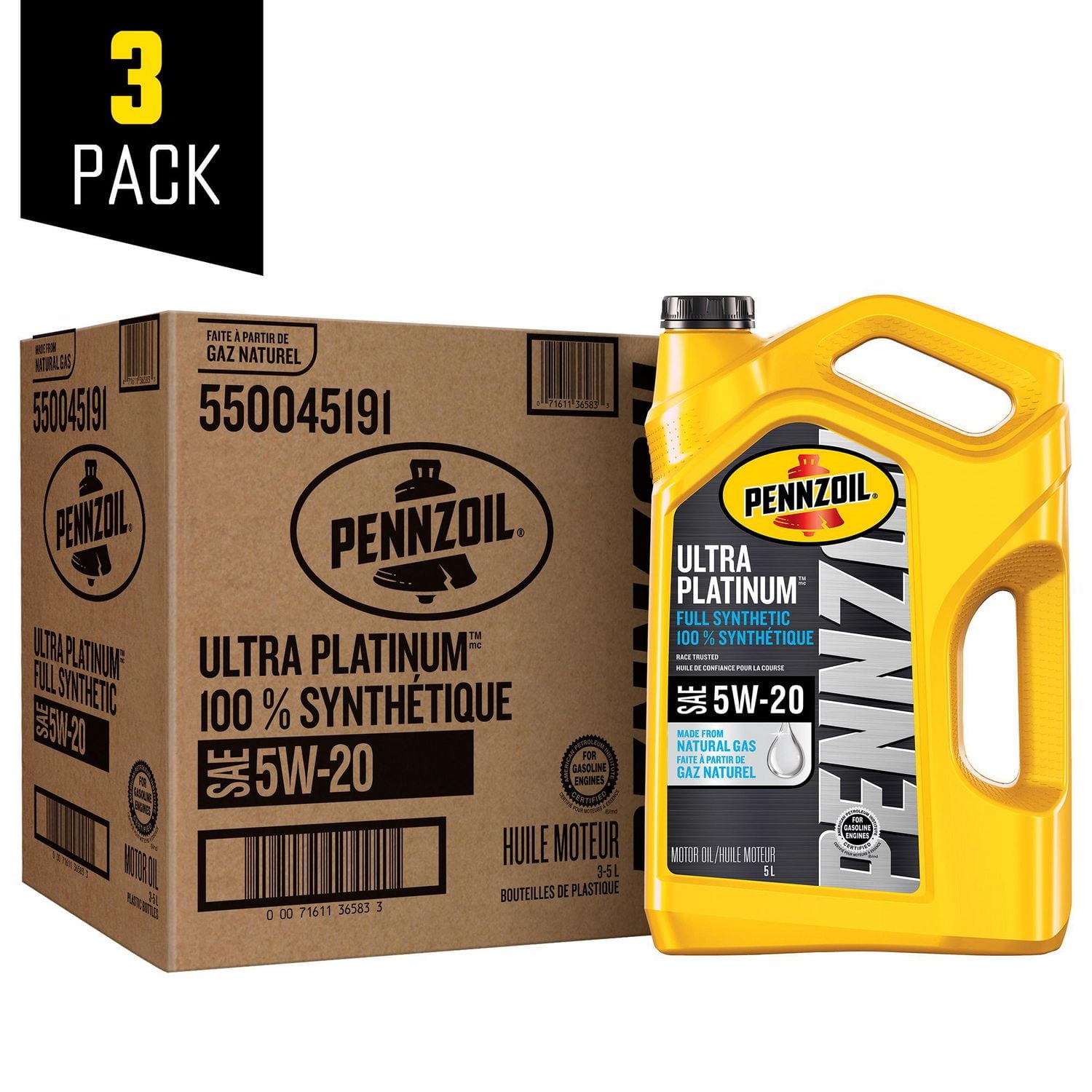 Pennzoil Ultra Platinum Full Synthetic 5W-20 Motor Oil, 5 Litre (3 Pack)