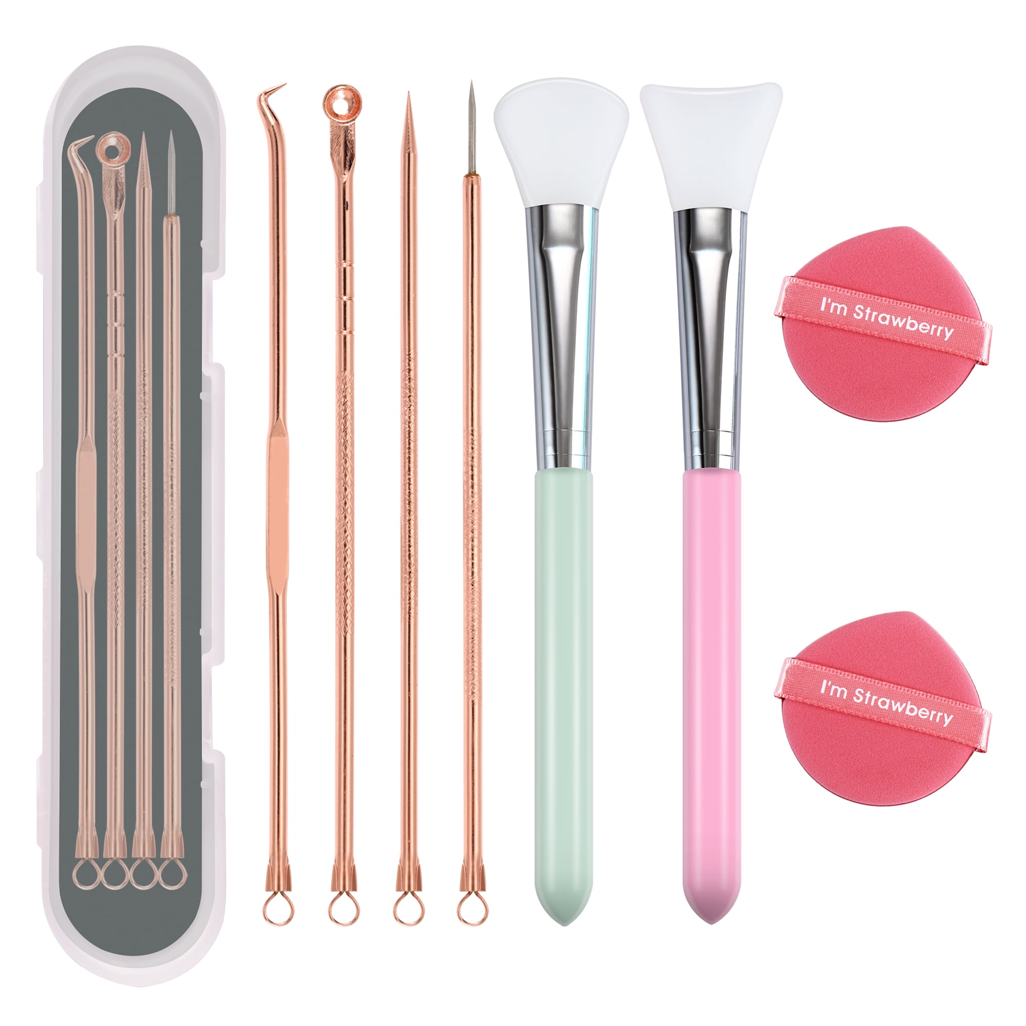 DUAIU 4PCS Blackhead Remover Comedone Extractor Tool with 2 Face Mask Brush Silicone Makeup Brushes and 2 Powder Puff Professional Skin Care Tools for Pore Clean Facial Mud Mask DIY Mask