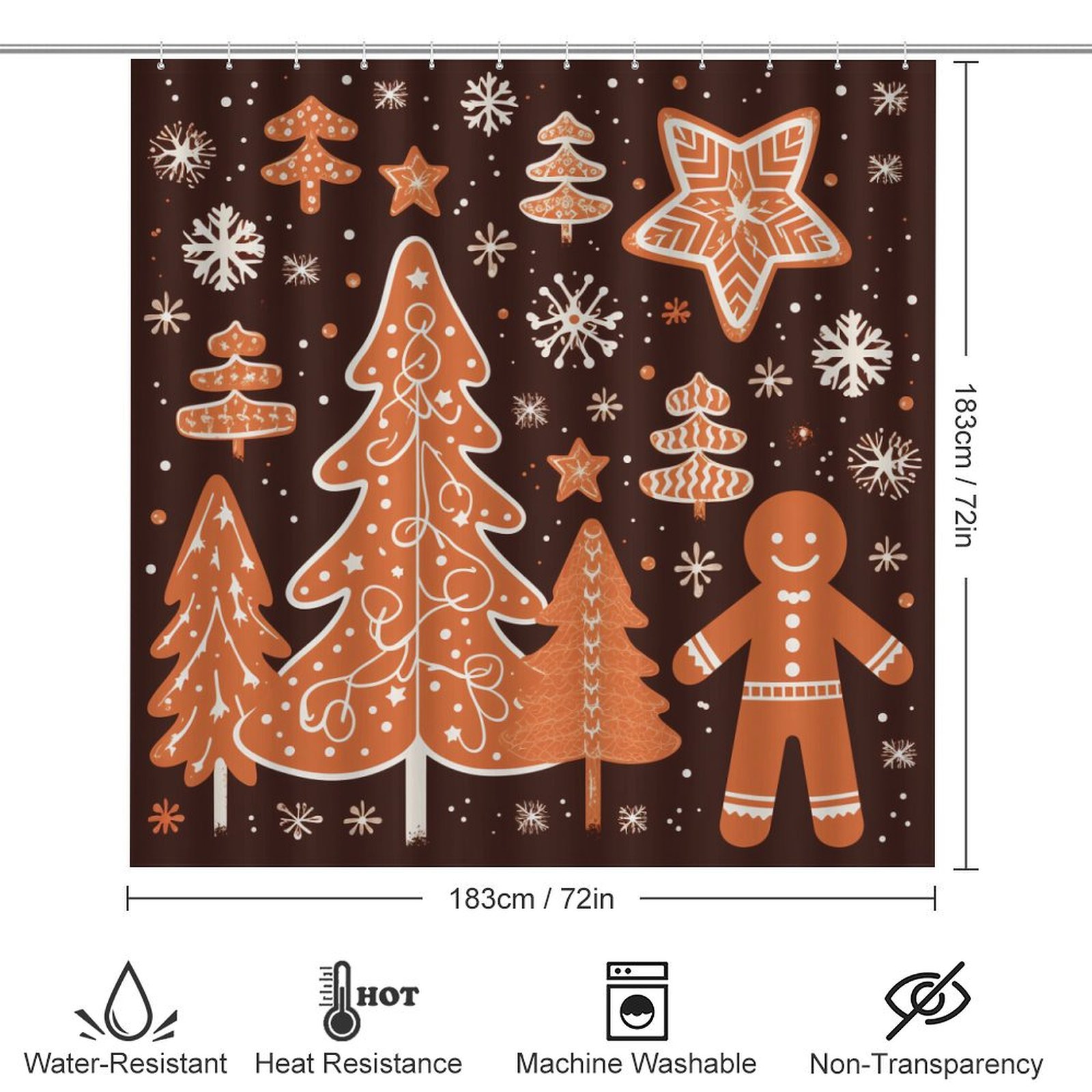 Ginger Christmas Tree 4 Pcs Bathroom Shower Curtain Set, Bathroom Sets with Rugs (Bath Mat, U Shape and Toilet Lid Cover Mat) and 12 Hooks,