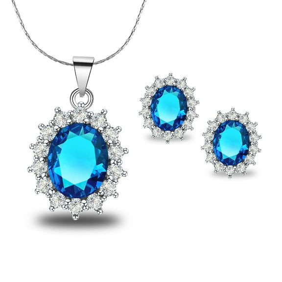 Paris Jewelry 18K White Gold Created Aquamarine 1 Carat Oval 18 inch Necklace Plated Women