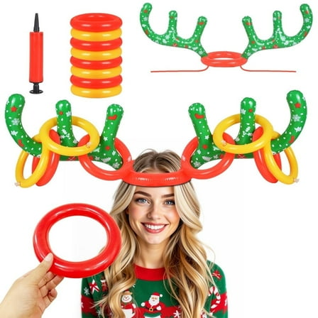 ASTRAEA 2 Sets Christmas Games, Fun Inflatable Reindeer Antler Ring Toss Game for Family Xmas Party, 2 Antlers & 8 Rings & 1 Air Pump