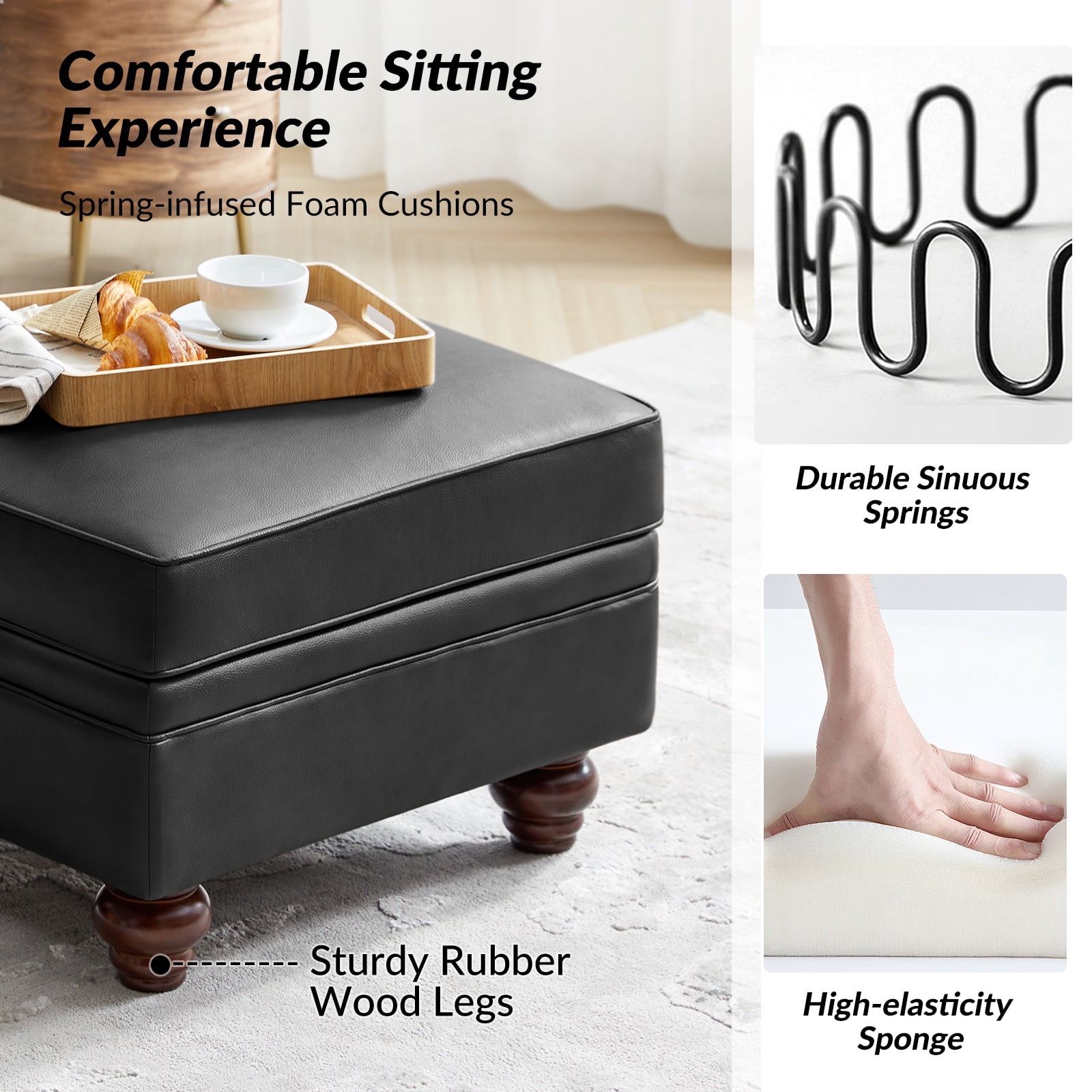27" Square Ottoman Coffee Table Faux Leather Lift Top Storage Footrest Stool Bedroom Living Room Black