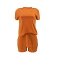 thumbnail image 3 of VISgogo Conjunto de 2 piezas para mujer, camiseta de manga corta con cuello redondo de color sólido, pantalones cortos de cintura elástica a juego VISgogo moda, 3 of 6