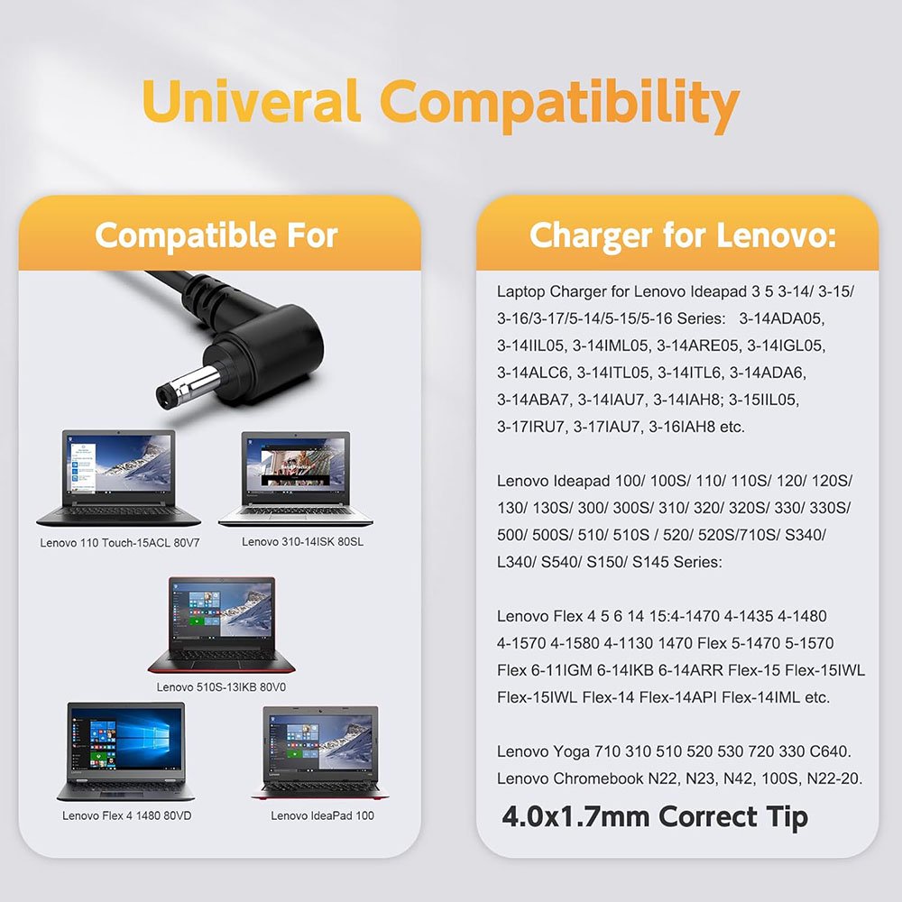 Chargeur Alimentation Pour Lenovo IdeaPad 3 15ADA05/ARE05/IGL05/IIL05 - 20V 3.25A - Connecteur 4.0x1.7mm - Noir