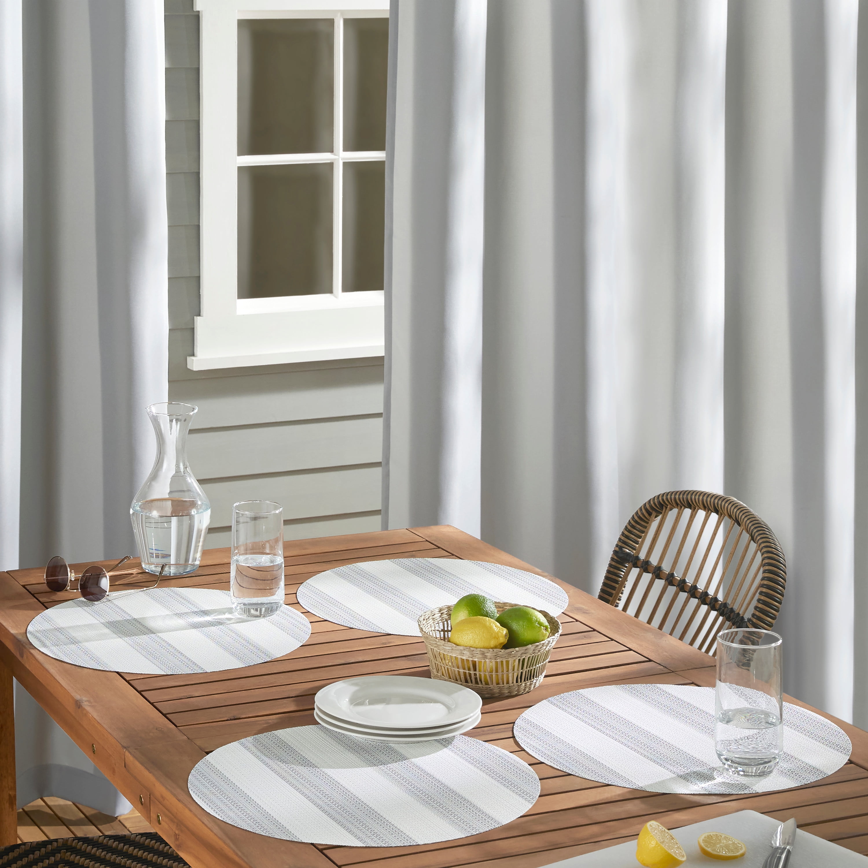 TOWN & COUNTRY BASICS Cabana Stripe Indoor Outdoor Placemats 4-Pack Set, Reversible and Easy Clean, Grey/White, 15" Round