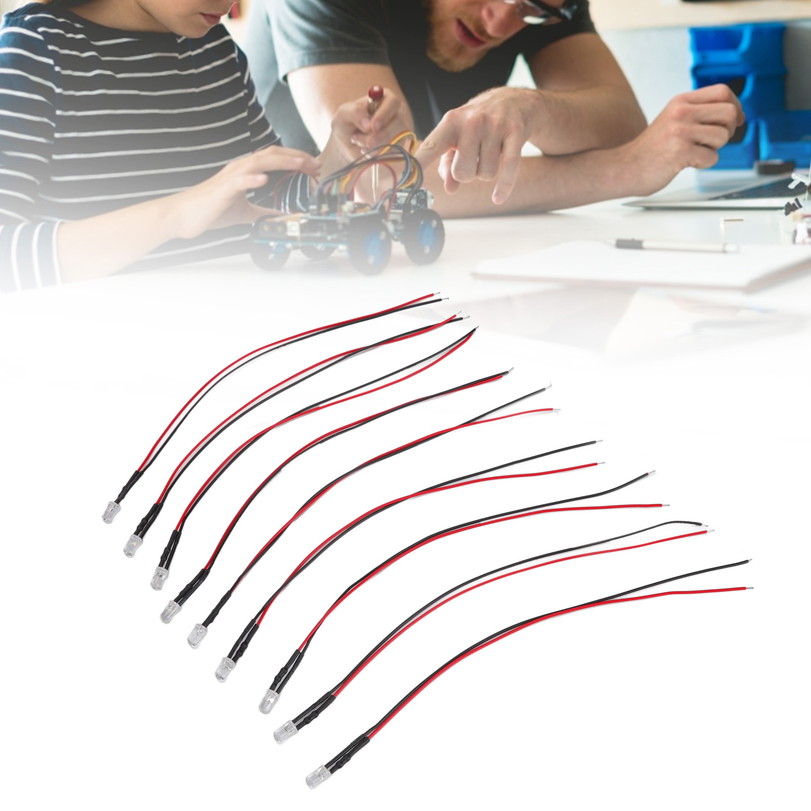 10 LED Blanches 5mm Précâblées - Haute Luminosité, Longue Durée De Vie (20 000h) - Tension 5-12V - Pour DIY, Décoration, Enseignement