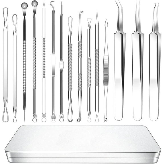 Siloon Pimple Popper Tool Kit, 15 PCS Blackhead & Whitehead Remover Comedone Acne Extractor Tools, Professional Sharp Stainless Skin Blemish Removal Pimple Tools with Metal Case (Silver)