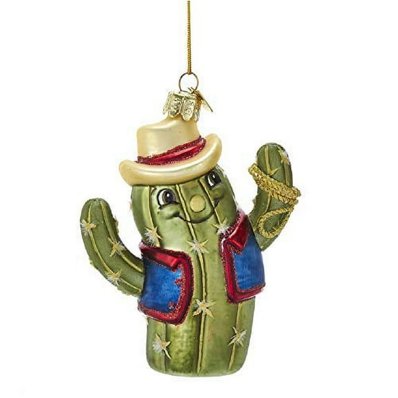 Noble Gems Cactus Cowboy with Lasso Glass Christmas Ornament