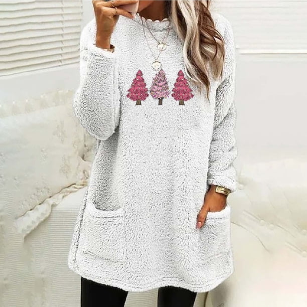 Puntoco Suéter Mujer Cuello Redondo e Invierno Suelto Estampado Bolsillo Cálido Manga Larga Blusa Tops Navidad Liquidación Puntoco Puntoco-1044