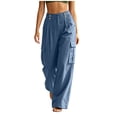 thumbnail image 4 of ZHYou No Boundarie Cotton Linen Cargo Pants for Women Casual Wide Leg Button Drawstring Waisted Loose Fit Pants with Patch Pockets,Blue,Size S, 4 of 8