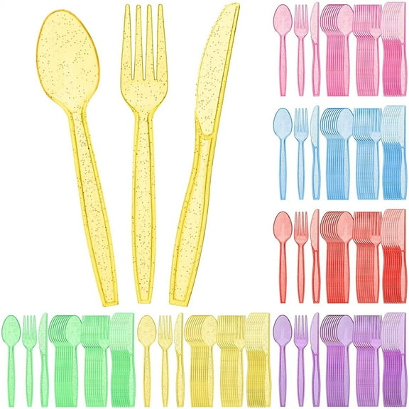 Glitter Plastic Silverware Set,Utensils Kit,60 Knives 60 Spoons 60 Fork,Disposable Cutlery Flatware for Brithday,Wedding,Baby Shower,Party Decorations,Party Dinnerware Supplies,6 Color,180 Pcs
