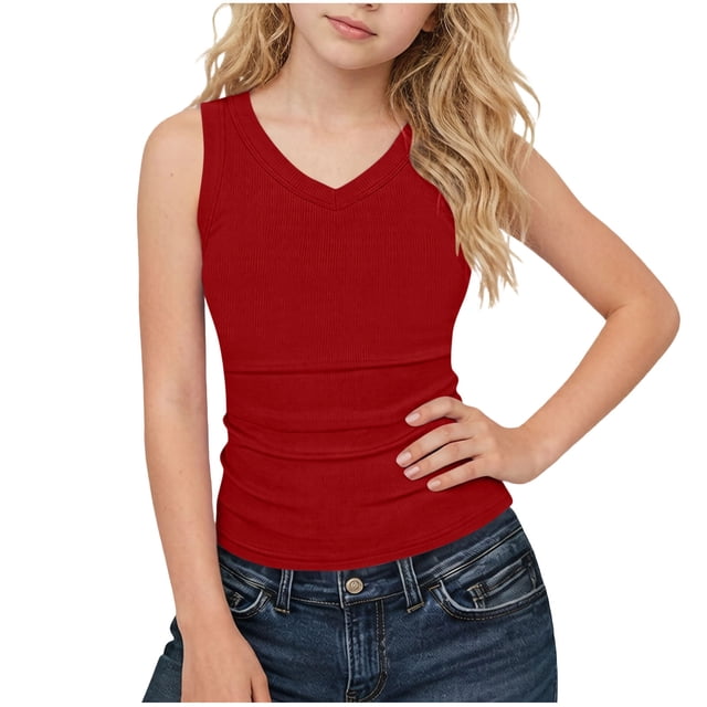 KyCheLot Ribbed Tank Tops for Girls V Neck Summer Solid Color Sleeveless Camisole Beach Vacation Fitted Tank Tops