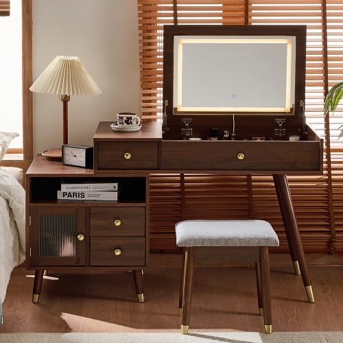 3-in-1 Vanity Desk with Lighted Flip-Top Mirror & Adjustable Cabinet, Makeup Dressing Table with Stool, Dresser with Drawers for Bedroom, Walnut